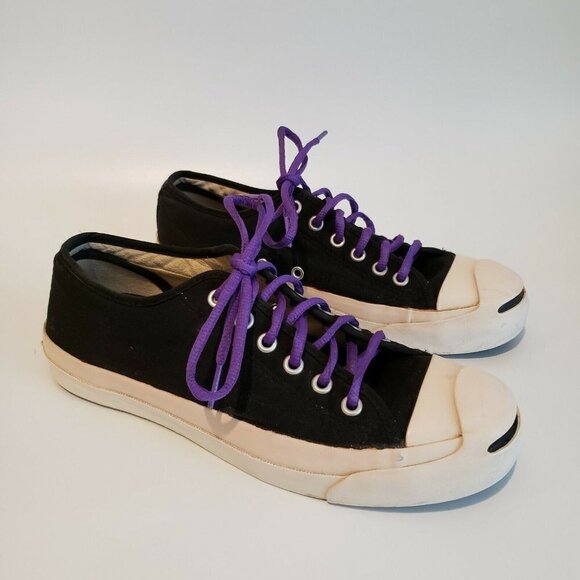 Vintage Jack Purcell Converse Black Round Toe Lace Up Sneakers Purple Laces 7.5 - Picture 1 of 12